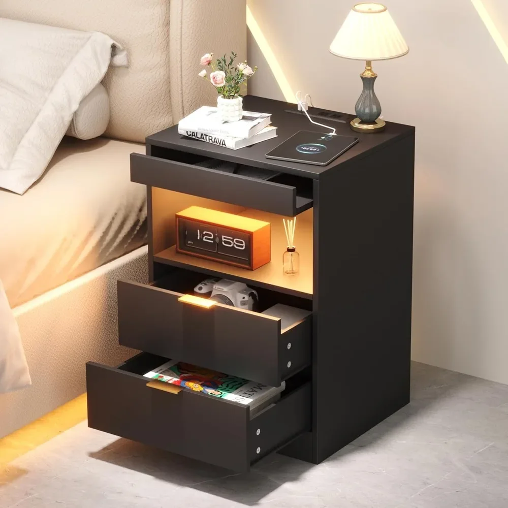 

LED Nightstand Bedside Table with Charging Station 2 Drawers, Black Modern Sofa Couch End Side Table