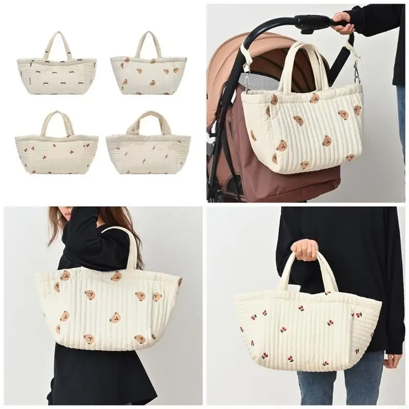  Handbag Pram Pushchair Hanging Bag Embroidery Pattern Mom Bag for Women Large Capacity Travel Soft Diaper Storage Bag