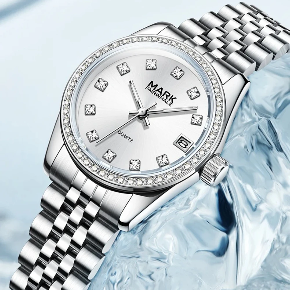 Mark Fairwhale 3050 Brand Luxury Diamond-encrusted Design Automatic Date Fashion Stainless Steel Watches for Woman Reloj