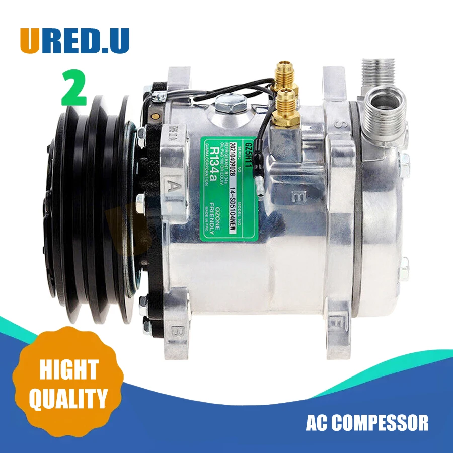 AC Compressor Sanden SD507 5H11 507 Compressor 12V  24V 2 Groove V Belt Pulley Tractor Excavator Heavy Duty Truck Hot Rod