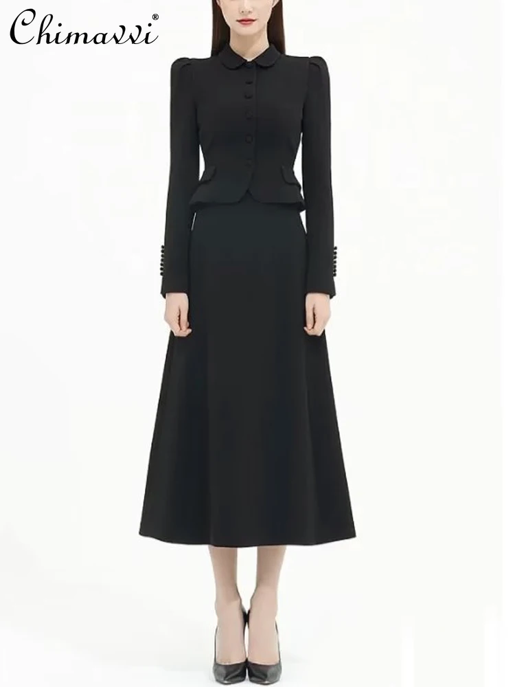 

European Station 2023 Spring Autumn New Fashion High-End Office Lady Two-Piece Black Long Sleeve Suit Skirt Women's Suit