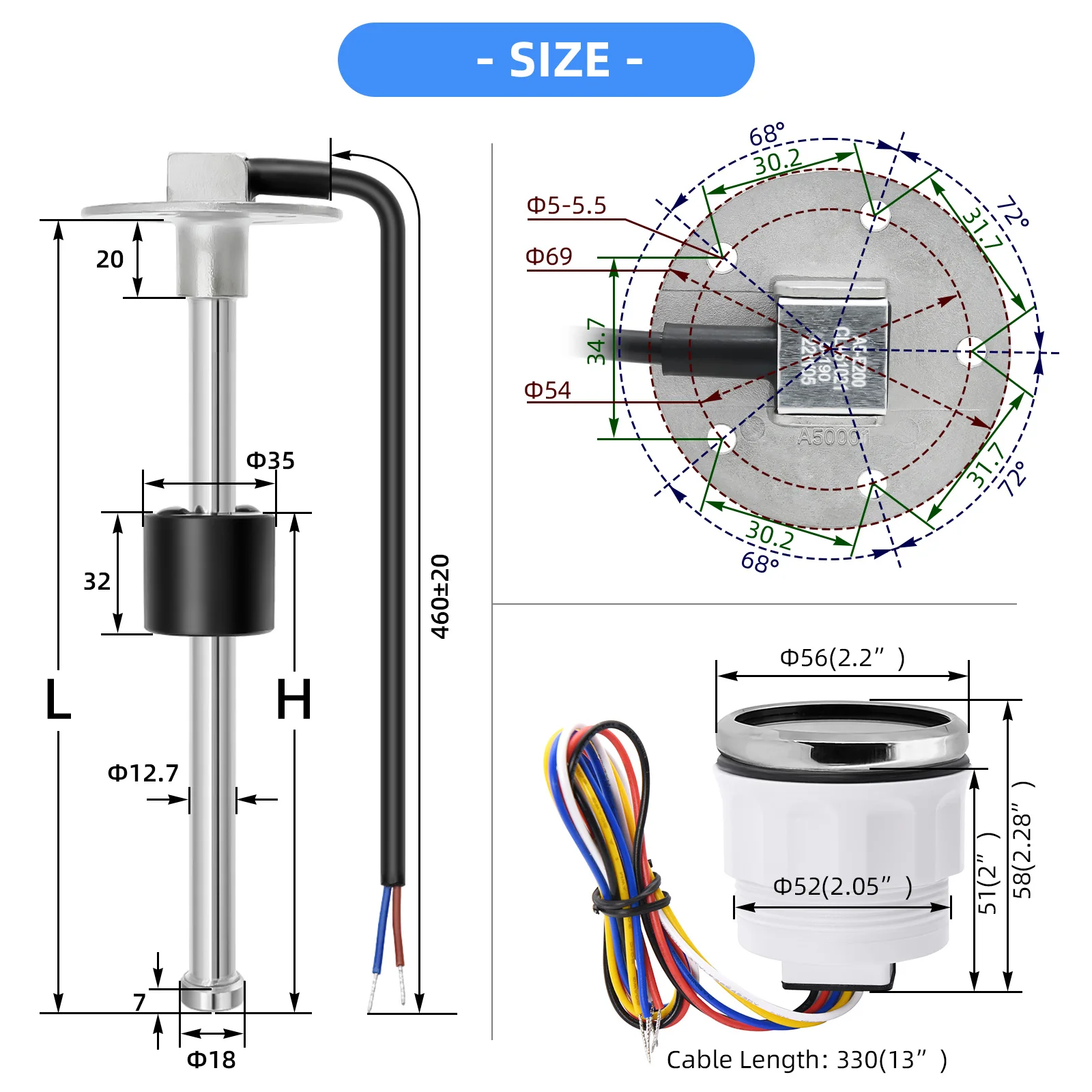 240-33 Ohm Fuel Level Gauge With Fuel Level Sensor 52mm Fuel Level Meter With Red Backlight Oil Indicator Range 100-500mm Sensor