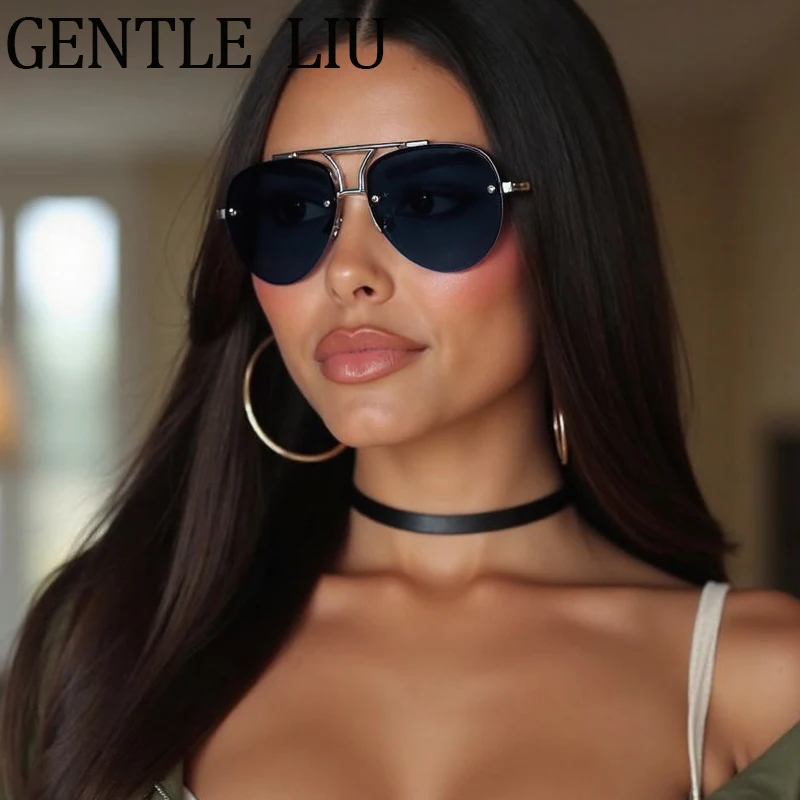 

Oversized Steampunk Semi-Rimless Oval Sunglasses Women 2025 Luxury Brand Vintage Pilot Sun Glasses Driving Eyewear Shades UV400