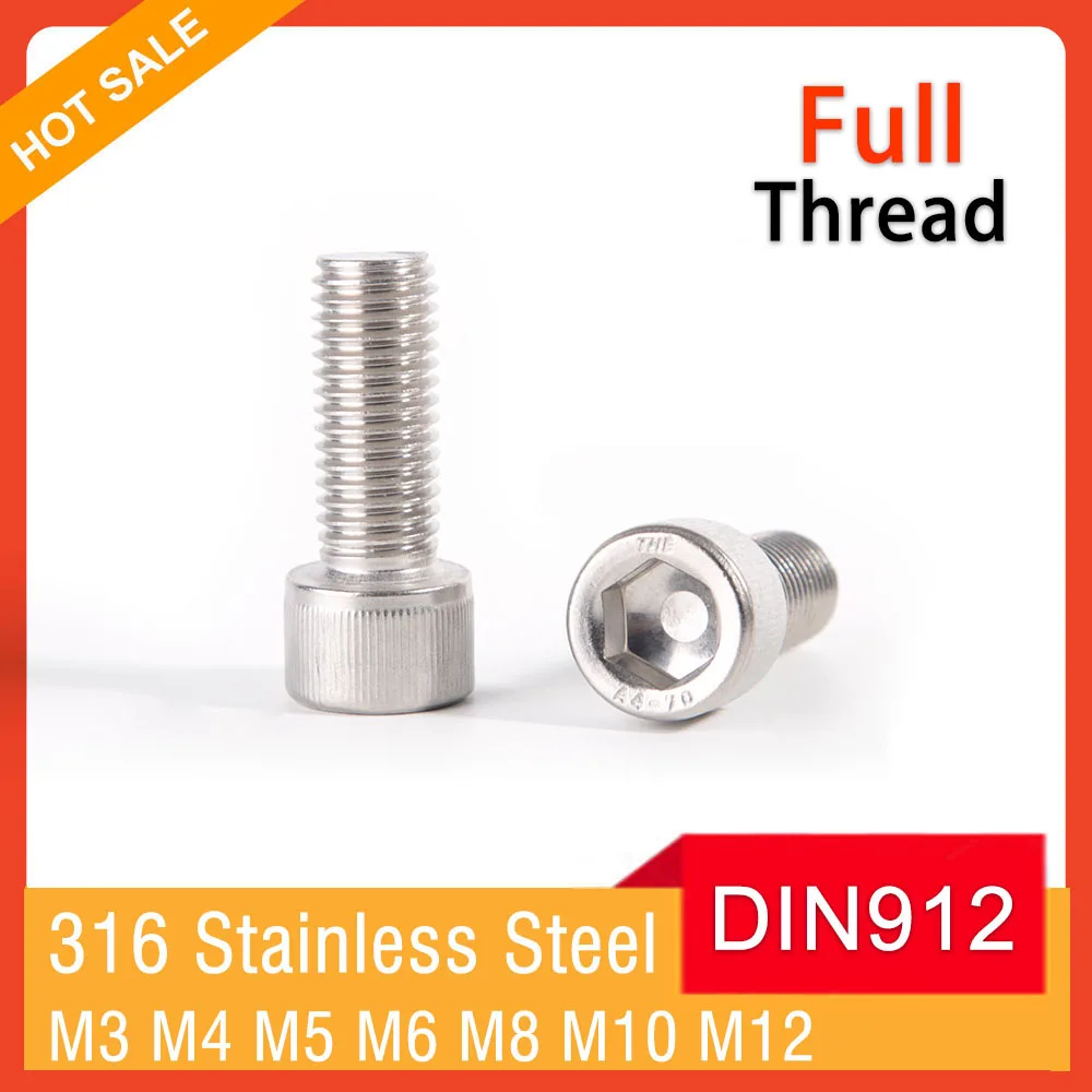 M3 M4 M5 M6 M8 M10 M12 DIN912 A4 316 Stainless Steel Full Thread Hexagon Hex Socket Head Cap Allen Bolt Screw