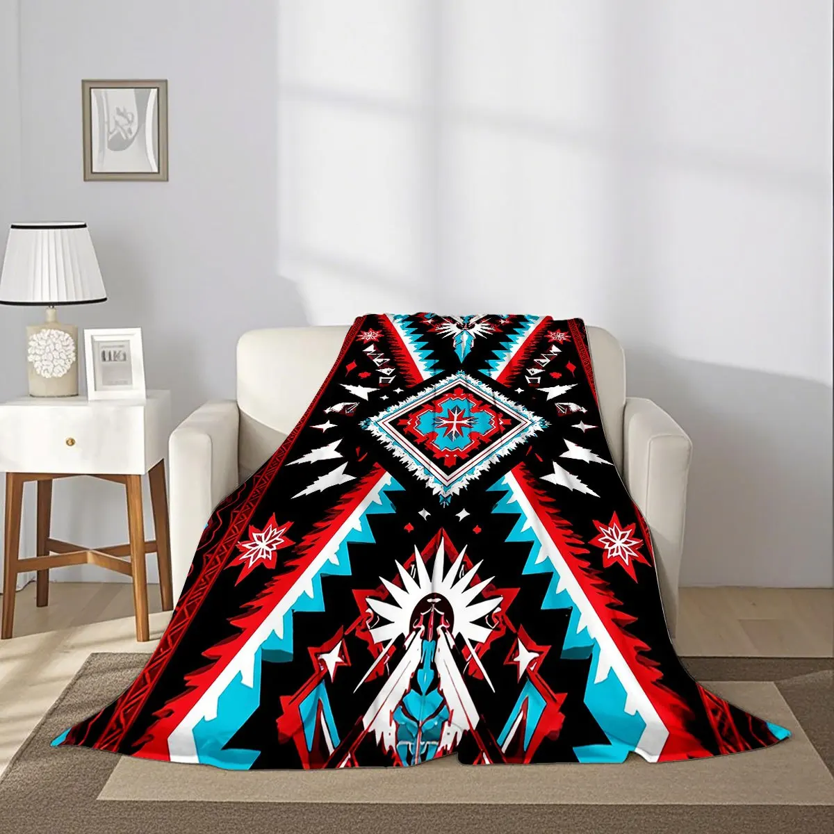 Navajo (Indian) Style Geometric Symmetrical Totem Flat Digital Print Blanket with a Black Background And Red, Green, And Blue Co