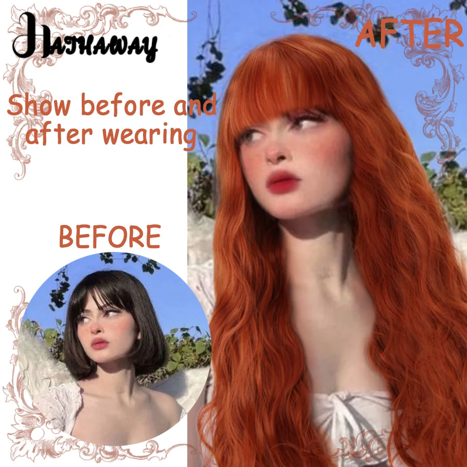 Synthetic Wig Female Orange Long Hair Big Waves Fashion Air Bangs Long Curly Hair Role-playing Lolita Wig