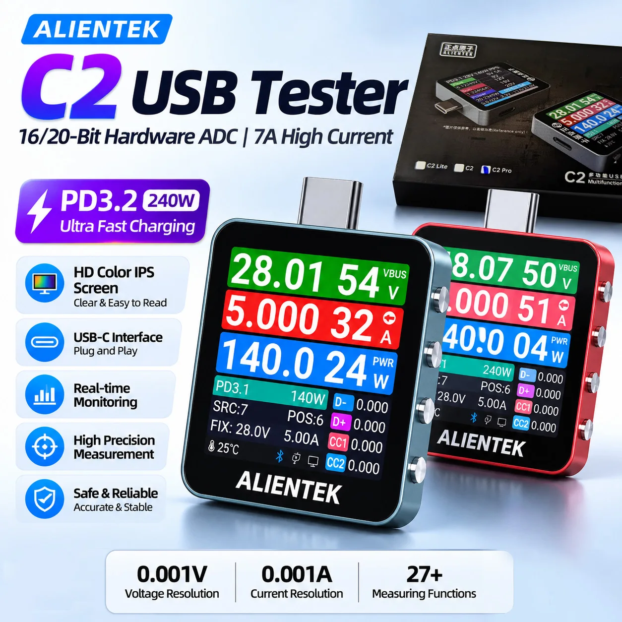 ALIENTEK C2 Type C USBテスター 高速充電プロトコルトリガー リップルEマーカー ケーブル検出器 電圧電流電力計