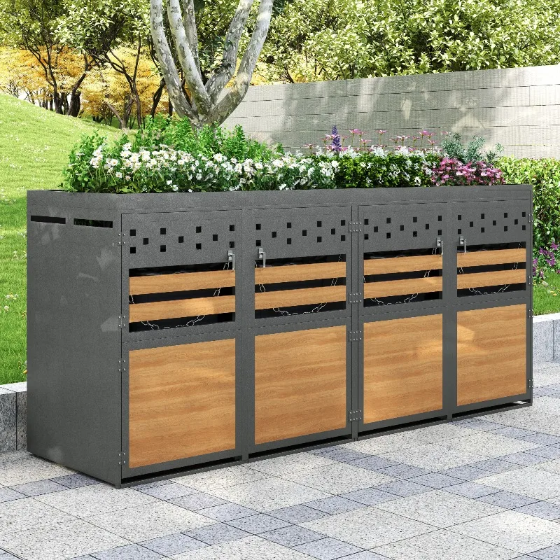 4er-Set Mülltonnenbox mit Pflanzdach 264x80x125cm Anthrazit Holzoptik verzinkter Stahl für 120-240L Tonnen abschließbar erweiterbar Garten-Aufbewahrung Top-Klasse Beliebter Wahlpreis Markenprodukt