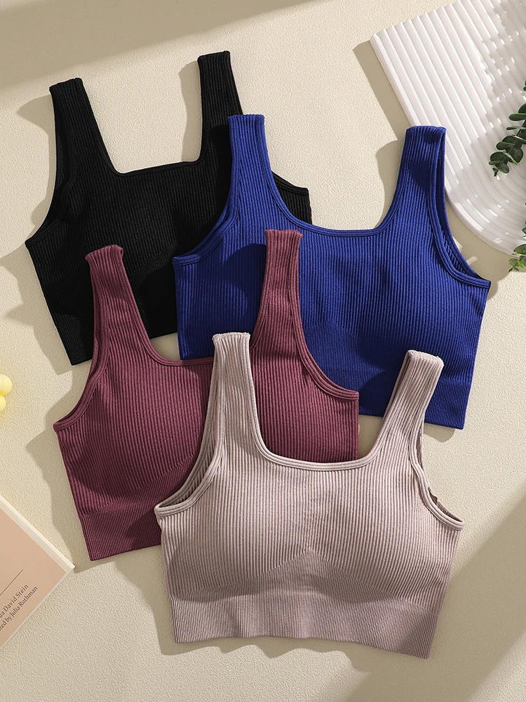 FINETOO Ribbed Yoga Tank Top Padded Sports Bra Square Neck Workout Vest High Elastic Gym Fitness Running Crop Casual  Bralette