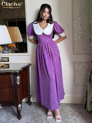 Clacive Summer Loose Print Women's Dress 2024 Fashion Doll Collar Short Sleeve Dresses Elegant Classic High Waist Female Dress