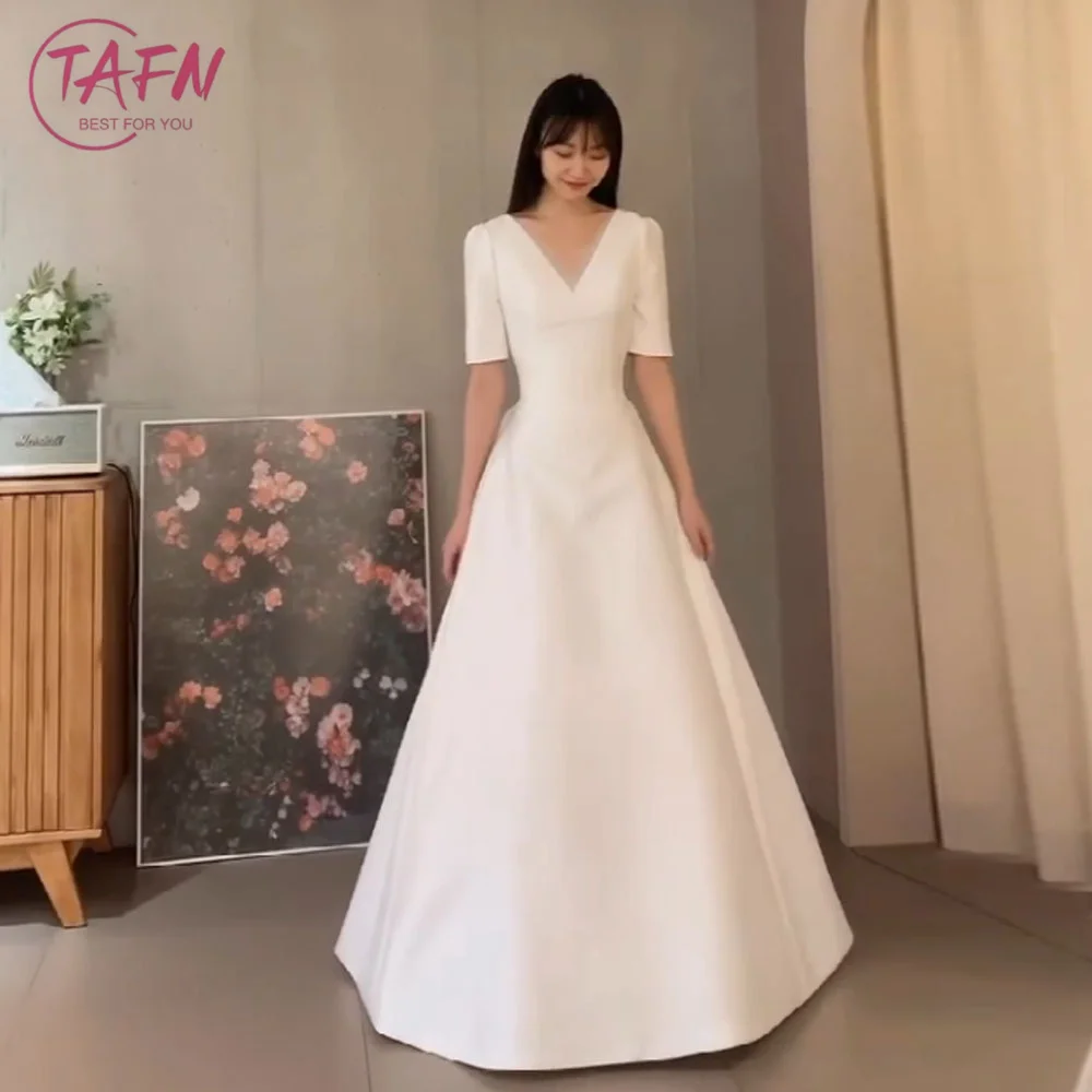 TAFN Korea A-line Elegant Wedding Dresses V-Neck Short Sleeves Bridal Gowns Satin Photo Shoot Dress for Bride Custom Made