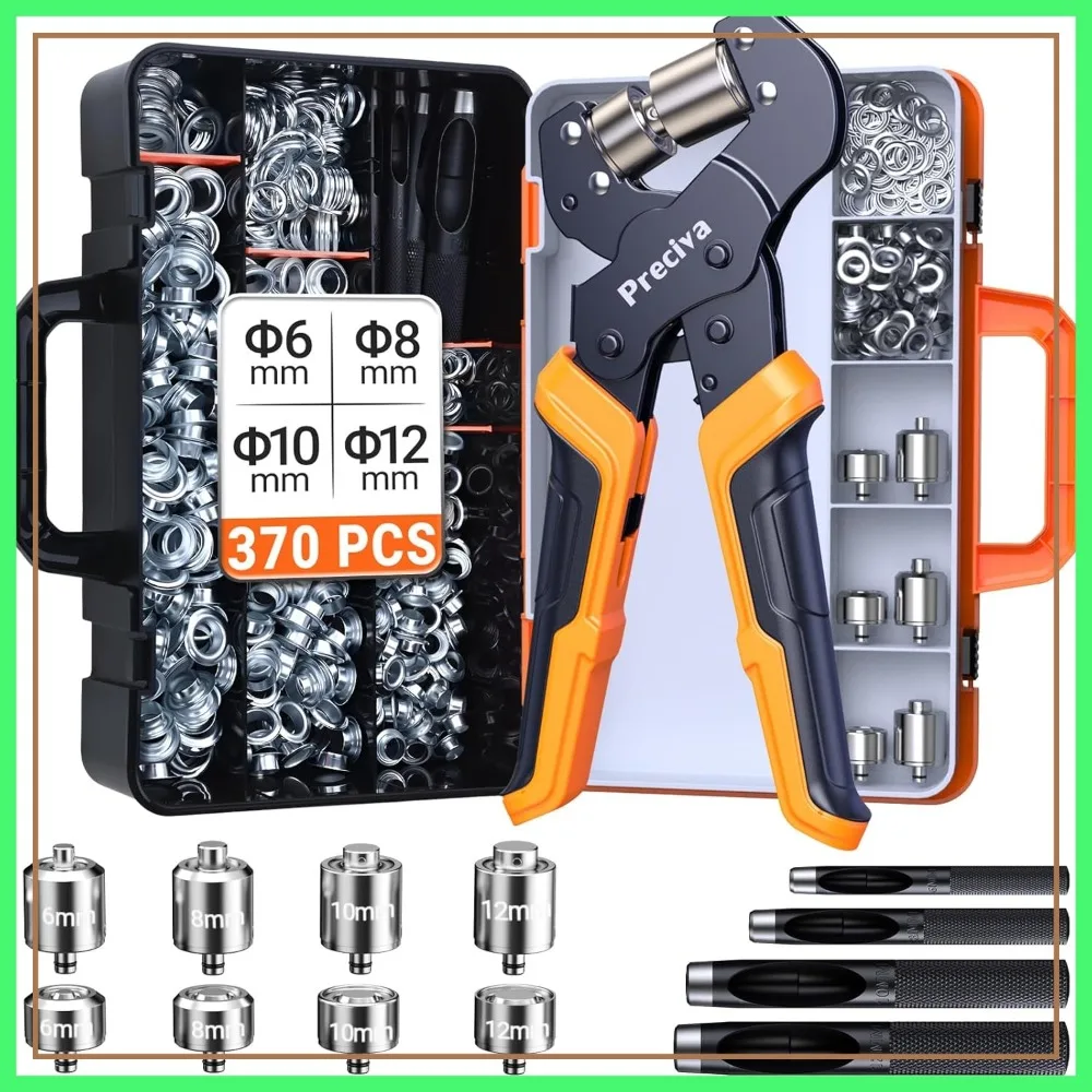 

4-Size Grommet Tool Kit - 1/2" 1/4" 5/16" 3/8" Hole Punch & Eyelet Set with 370Pcs Grommets for Tarps, Tents, Canvas