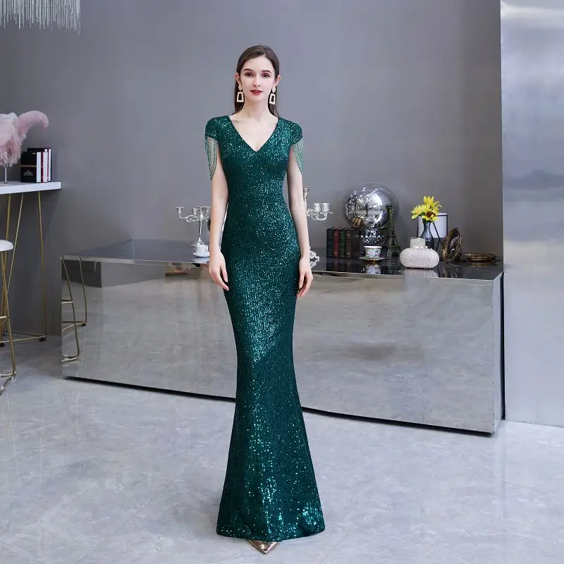 

Beauty-Emily Vintage Dark Green Glitter Mermaid Evening Prom Dress Sexy Deep V Neck Floor Length Wedding Party Gowns