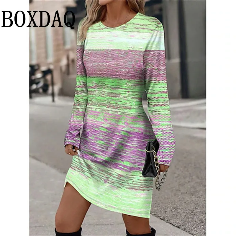 2025 Women's Clothing Autumn New Fashion Gradient Striped Print Dresses Casual Round Neck Long Sleeve Loose Mini Dress Vestidos