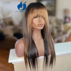 Amethyst Long Straight Highlight Human Hair Wig With Bang For Black Women Scalp Top Full Machine Made Wig Remy Brazilian Colored