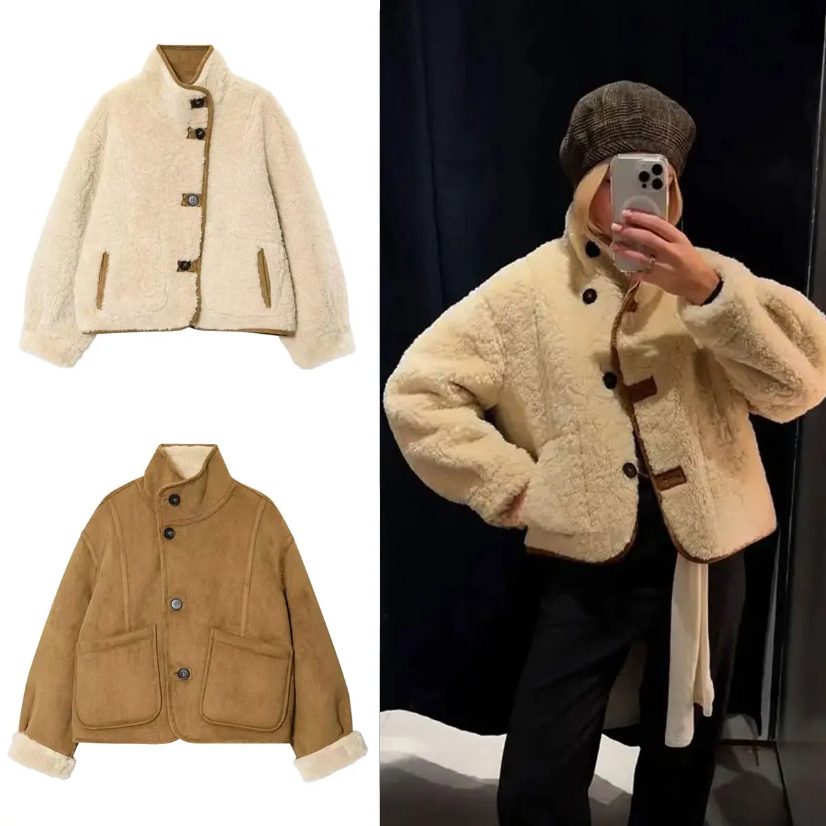 

HH Female Autumn Vintage Reversible Winter Jacket Stand Collar Faux Fur Long Sleeve Single Breasted Pockets Causal Warm Coats