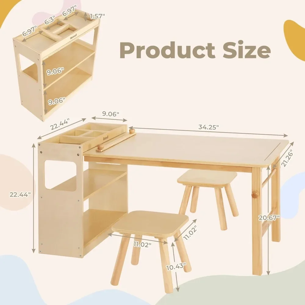 Kids Art Table & 2 Chairs Set with Roll Paper - Spacious Craft Table with Storage Shelves for Drawing, Activities, and Study