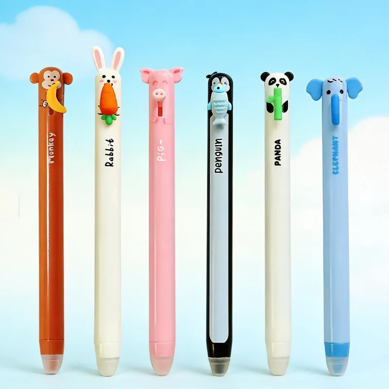 

6-Pack of Randomly Designed Animal-Shaped Gel Pens with Blue Ink, Cute Animal Foodie Theme, Side-Click Erasable Pens, Adorable Pens for Students, Perfect Office and Study Supplies