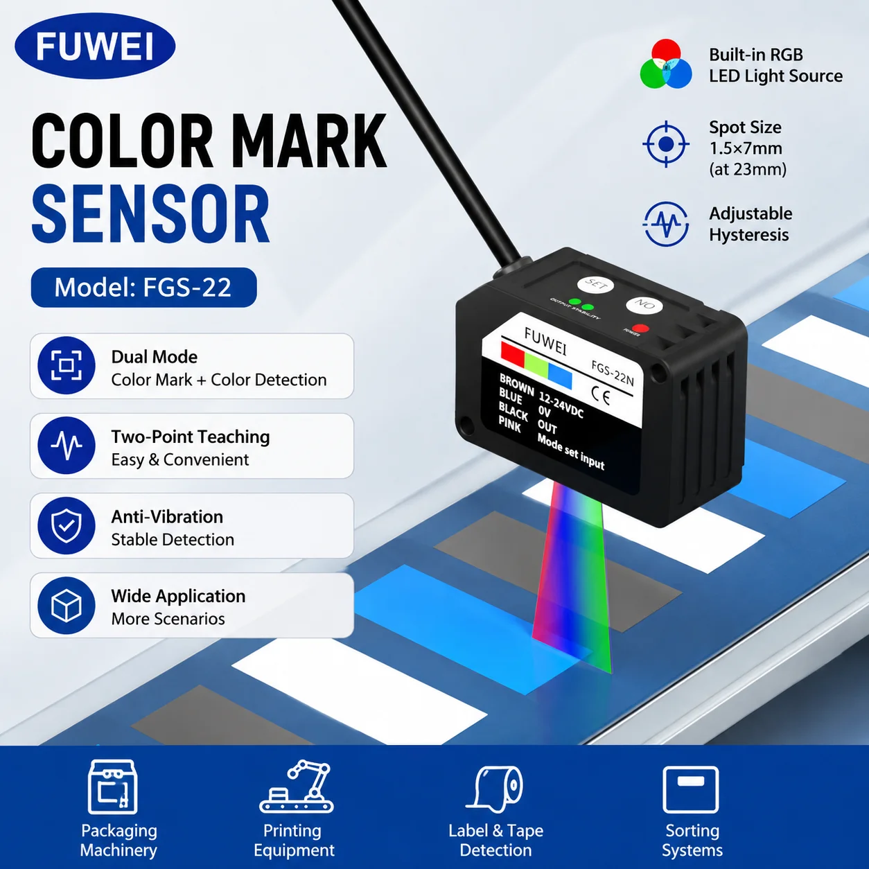 New Original FGS-22N RGB Color Sensor for Industrial Automation Different Color Detection Label Recognition