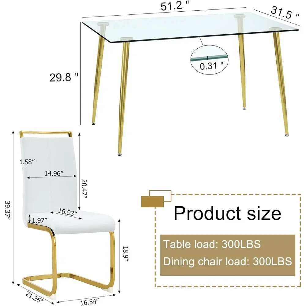 Glass Dining Table Set ,Modern Kitchen Dinings Room Tables with 4 White PU Leather Dinings Chairs,5Piece Dining Table Sets