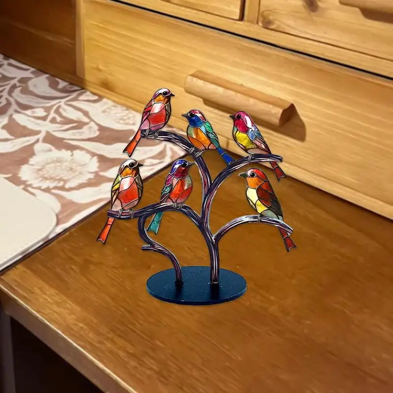 Stained Glass Birds On Branch Acrylic Multicolor Craft Statue Flatness Table Art Decorative Bird On Branch Desktop Gift Supplies