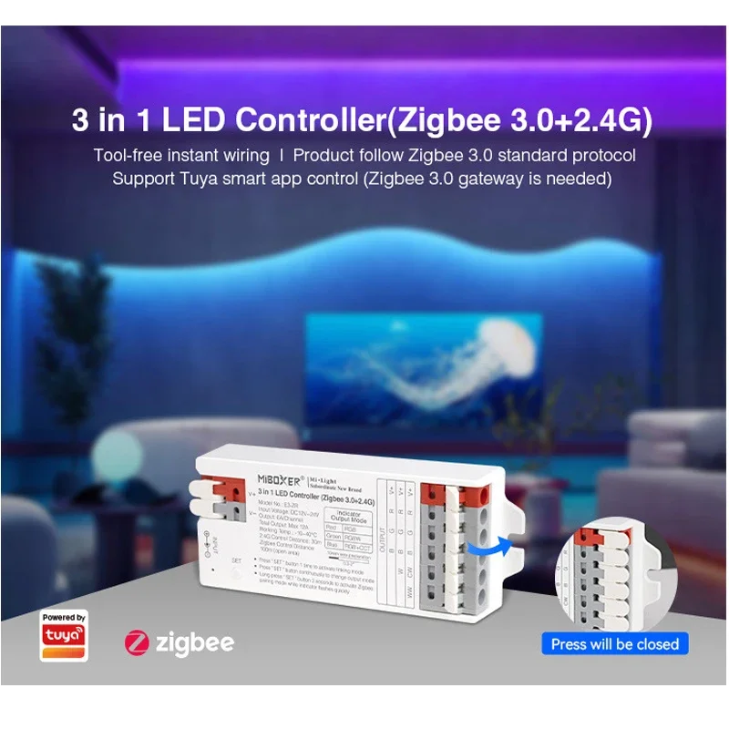 Miboxer Zigbee LED Strip Controller, cor única, duplo branco, RGB, RGBW, RGBCCT, DC12 ~ 24V, 3.0 + 2.4G