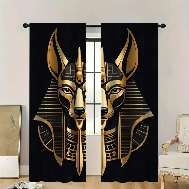 

2 шт. египетские шторы «Бог Анубис» с карманом для стержня, черный и золотой прозрачный светильник, загадочная тема для гостиной