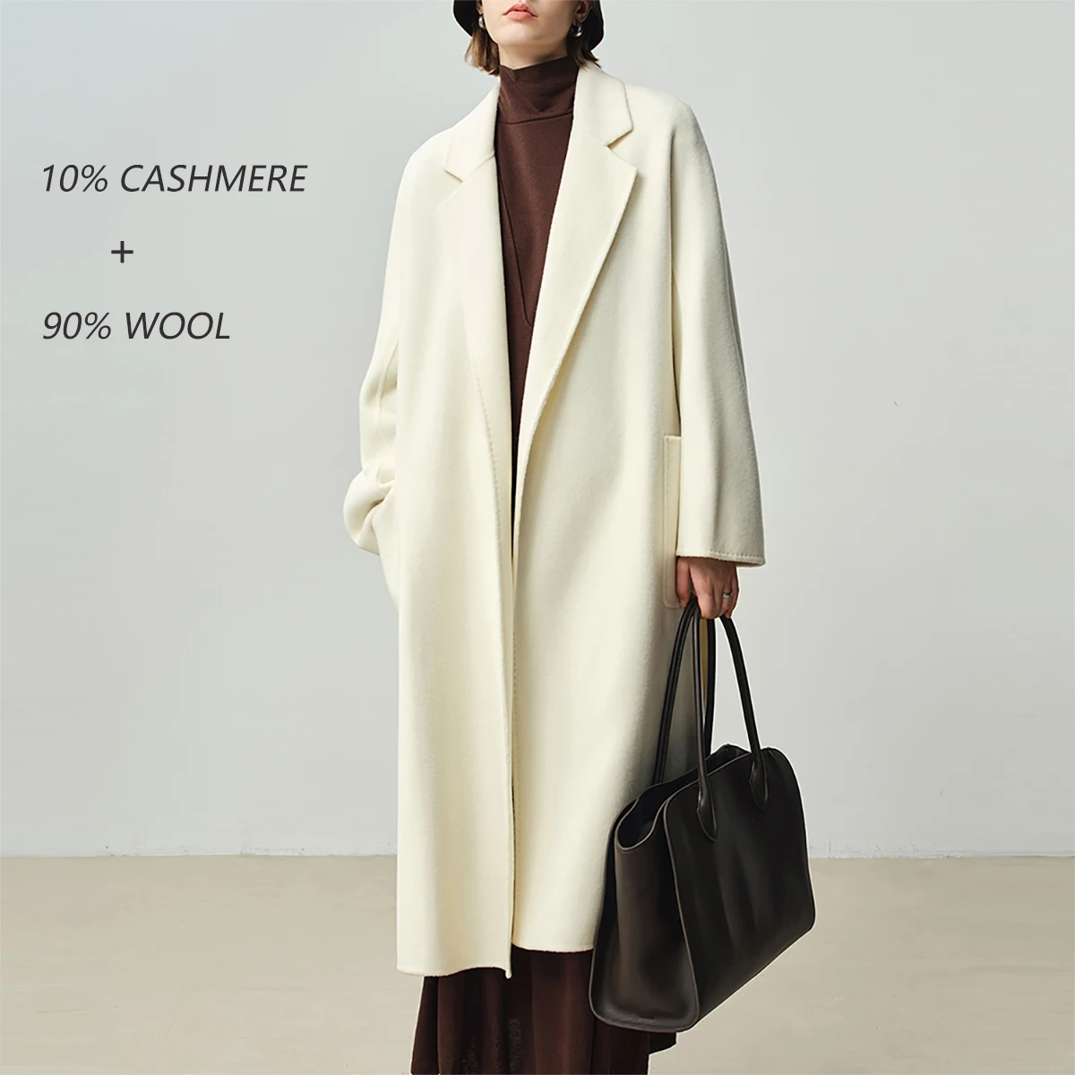 Classic Double-sided Cashmere Coat Perfect White Luxury Loose Bathrobe Style Women's Coat Hepburn Fashion Lace-Up Wool Overcoat