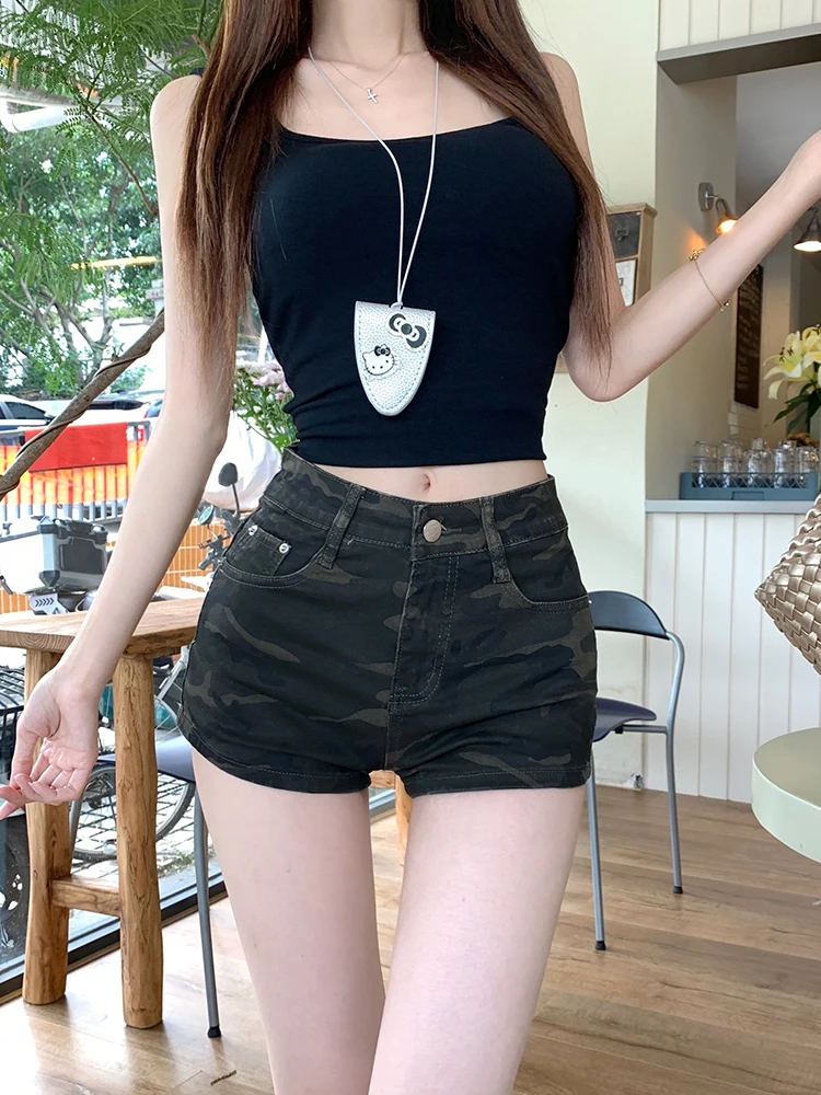 

Slim Fit Camouflage Hot Pants Women's Denim Shorts High Waist Button Detail Medium Stretch Wear Resistant Summer New Arrival