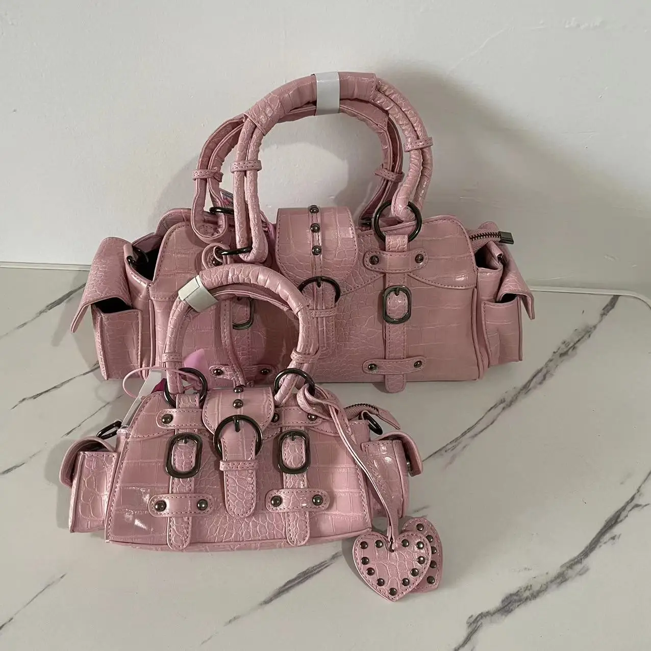 Vintage Y2k Pink Handbag Women Grunge Rivet Handle Crocodile Luxury Designer Motor Bag Female Gothic Fairycore Crossbody Bag New