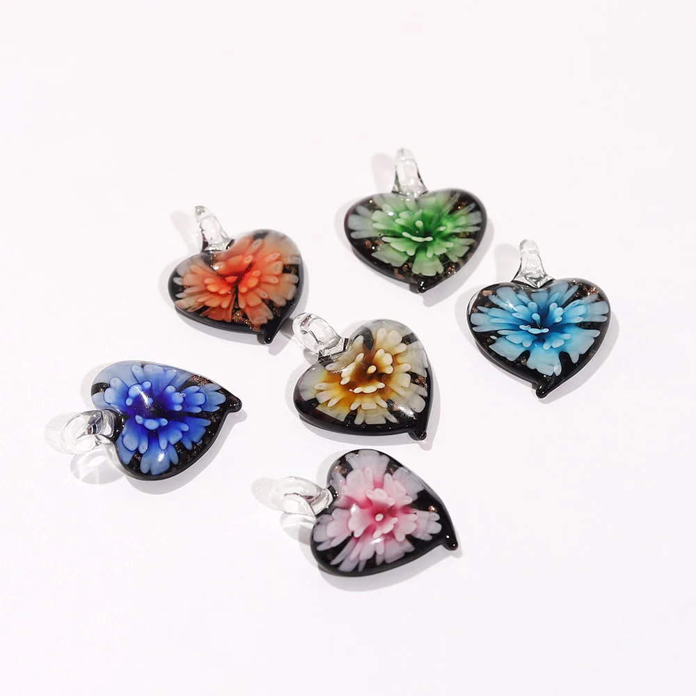 Qianbei Wholesale 6pcs Handmade Murano Lampwork Glass Mix Color Flower Heart Pendant For Necklace Hot Jewelry