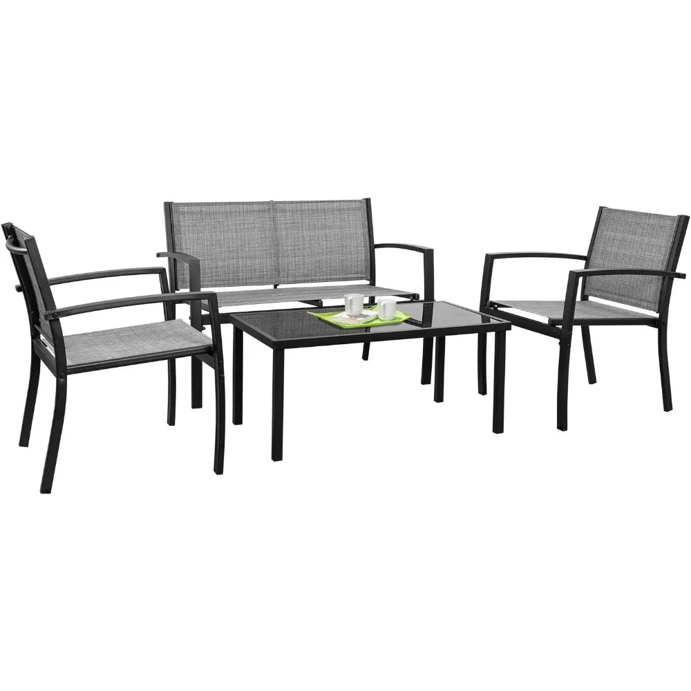 4 Pieces Outdoor Patio Furniture Set Conversation Set with Glass Coffee Table Bistro Set with Loveseat Garden Yard Lawn