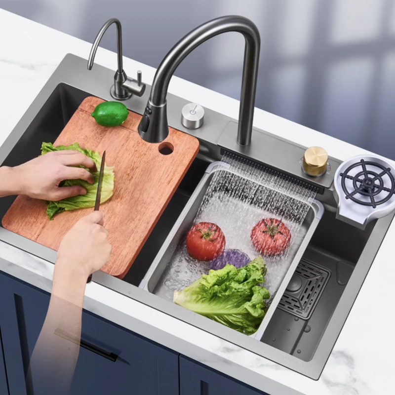 

Waterfall Kitchen Sink 304 Stainless Steel Large Single Slot With Multi-Touch Waterfall Faucet For Kitchen Renovation