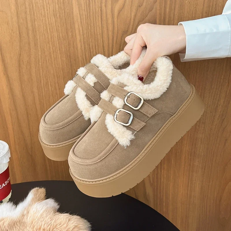 

Женская модная хлопковая обувь на толстой подошве, новая зимняя замшевая обувь с круглым носком на толстой подошве, противоскользящая износостойкая обувь с низким берцем