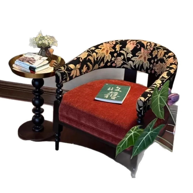 

French retro single sofa chair, living room study solid wood leisure chair