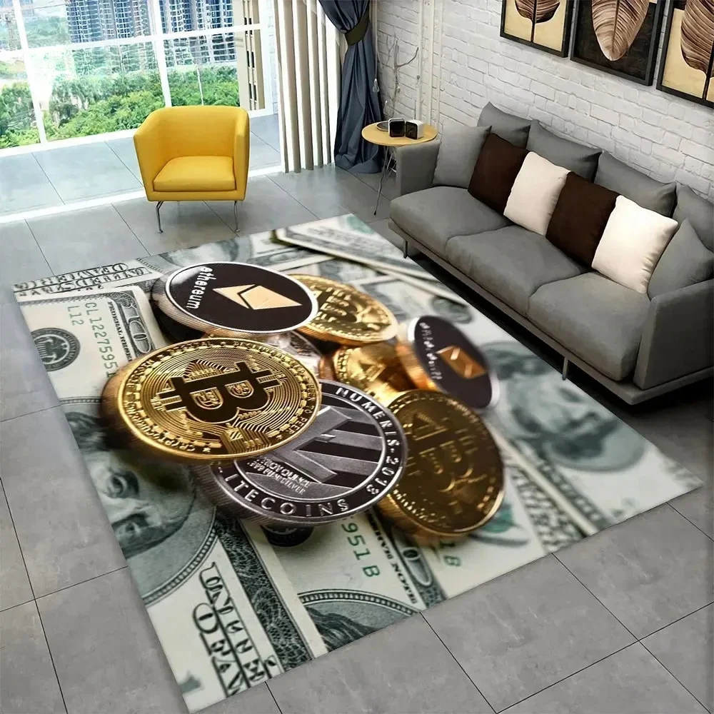 3D Bitcoin Virtual Currency Area Rug Large,Carpet Rug for Living Room Bedroom Sofa Playroom Doormat Decor,Kid Non-slip Floor Mat