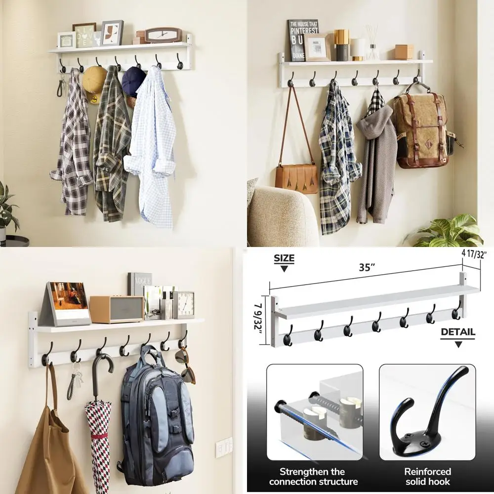 

Белые настенные крючки длиной 35 дюймов с полкой, 7 металлических крючков двойного назначения для прихожей, идеально подходят для пальто, ванной комнаты, кухни, гостиной