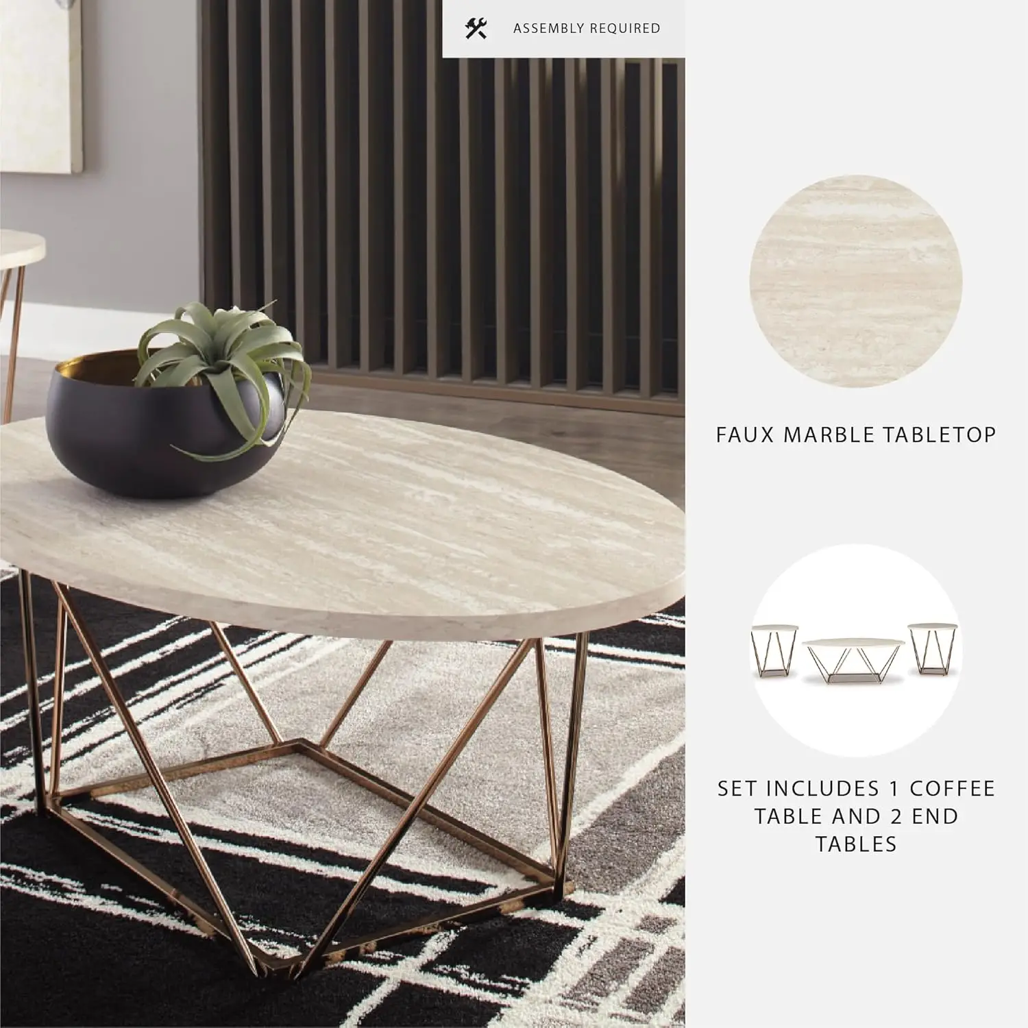 Modern White & Gold 3-Piece Coffee Table Set with Faux Marble Tops, Includes Center and End Tables