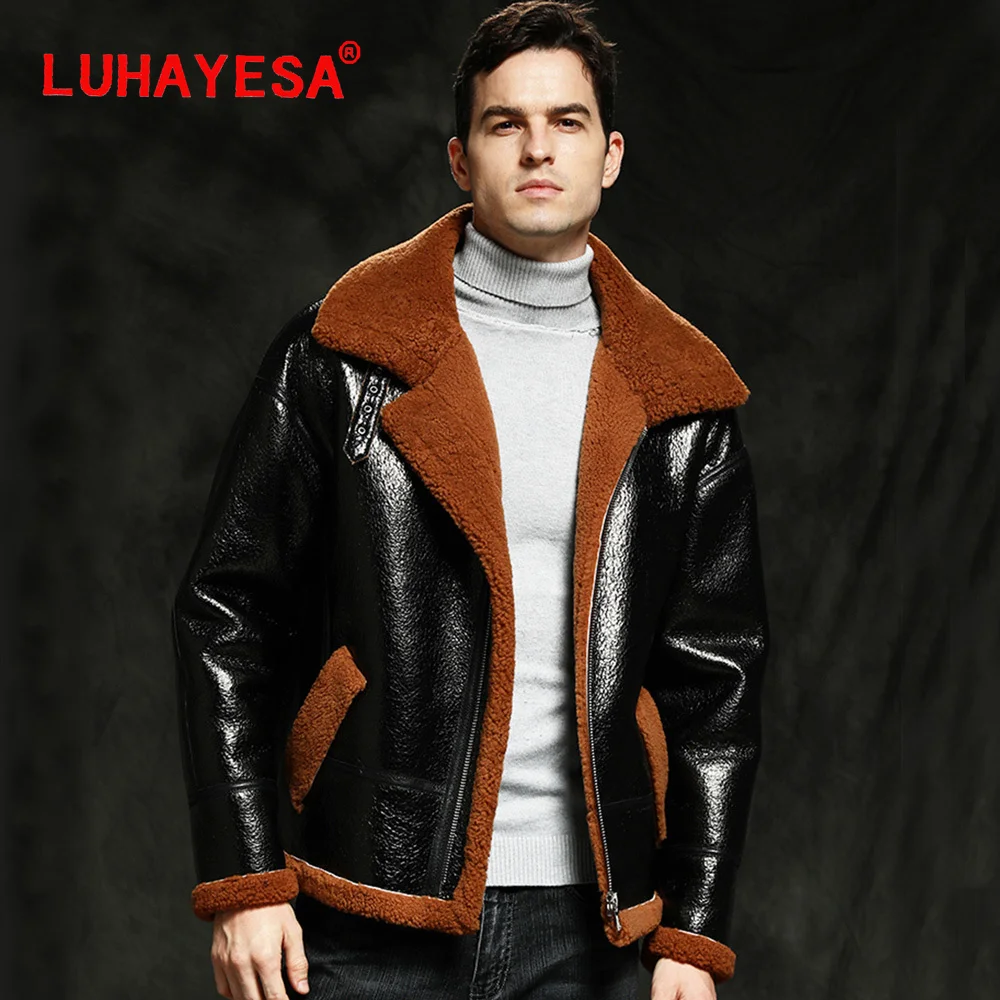 

2022 LUHAYESA Men Suit Collar Sheepskin Shearling Jacket Male Formal Casual Winter Warm Short Rea Fur Coats