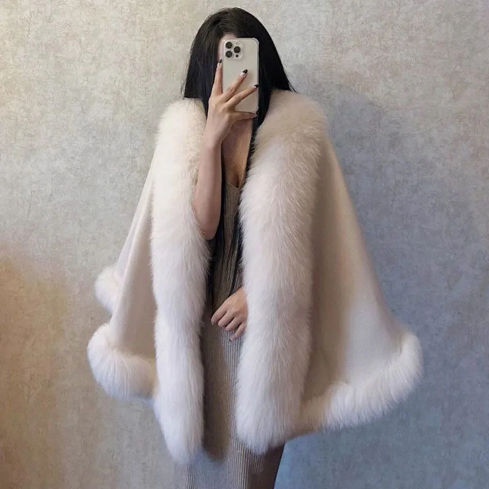 Autumn Winter Luxury Ponchos Women\'s Woolen Fox Fur Shawl Fashion Quality Cape Outwear Imitation Fur Coat Elegant Cardigan Cloak