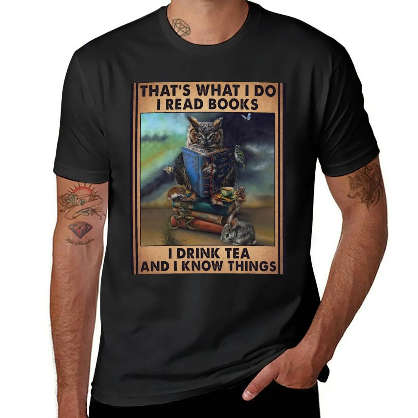

Owl I Read Books I Drink Tea And I Know Things Vintage T-shirt cute tops summer tops oversized Short sleeve tee t shirts for men