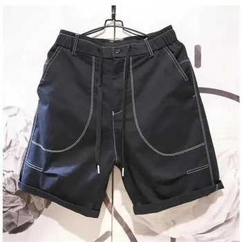 남성용 신축성 허리 레이스 업 패치워크, 루즈한 캐주얼 반바지, 심플한 올 매치 스트레이트 반바지, 남성 의류, 단색, 여름