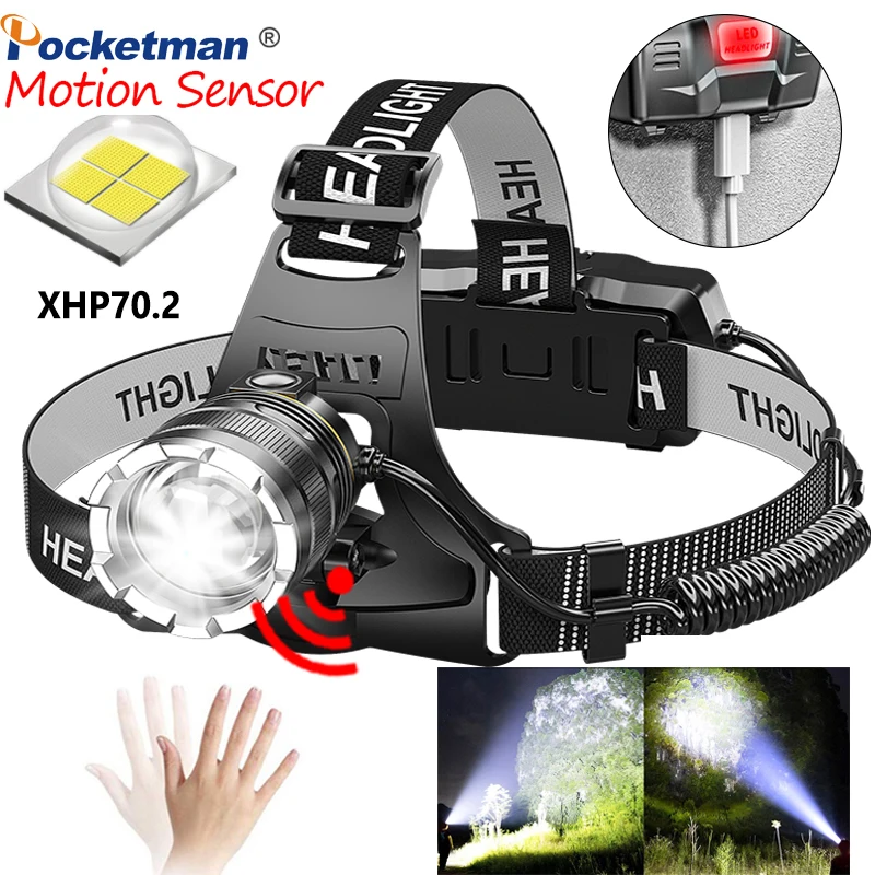 Super Bright XHP70.2 LED Headlamp IR Motion Sensor Headlight Zoomable Headlamps USB Rechargeable Headlights Use 18650 Battery