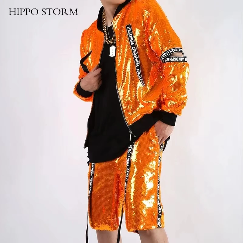 Shiny Orange Sequin Stage Jacket Patchwork Jacket Hip-hop Bar Nightclub Male Singer Leading Dancer Performance Suit