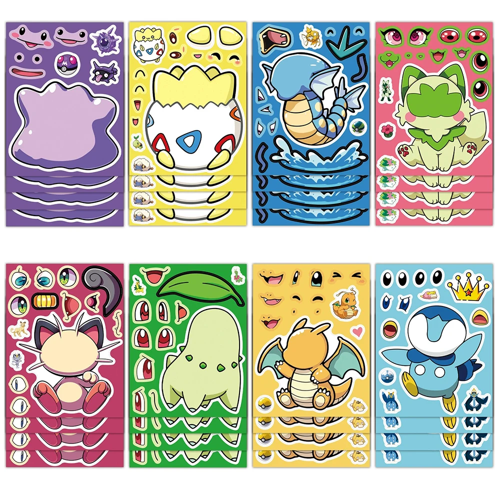 8/16sheets Cute Pokemon Meowth Pikachu Anime Puzzle Stickers Make a Face DIY Cartoon Assemble Jigsaw Decals for Party Toy Gift