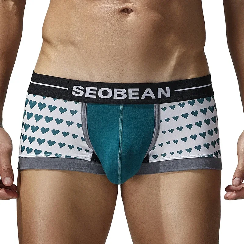 SEOBEAN Sexy Men's Ice Silk Boxer Shorts Low Waist Trendy Wave Point Heart Print Men Breathable Square Leg Four Corner Underwear