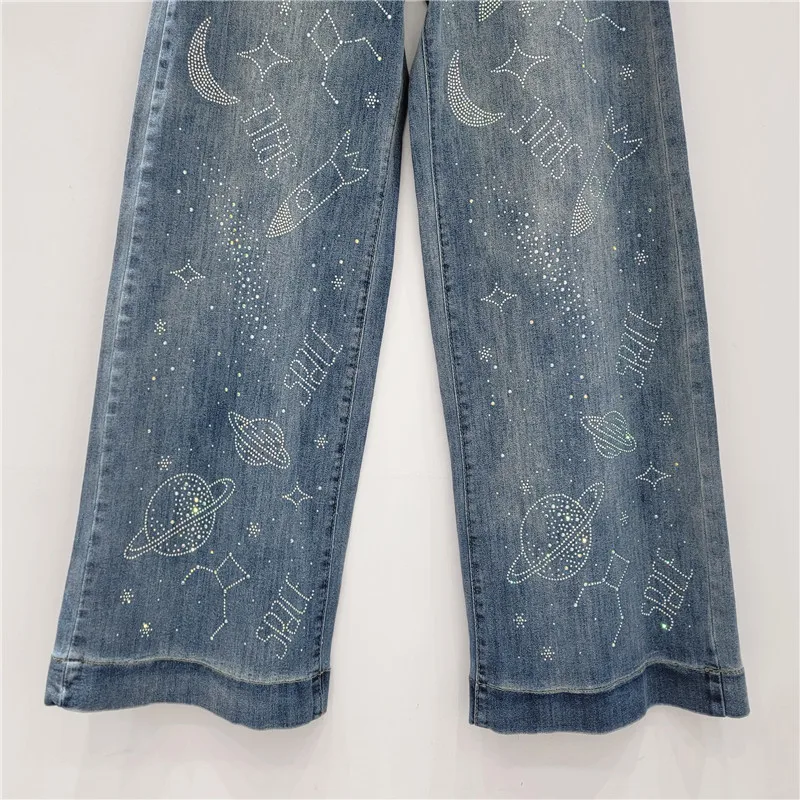 2025 خريف جديد الثقيلة حجر الراين مستقيم واسعة الساق تمتد الجينز الأزرق الإناث فضفاضة عادية الدينيم السراويل النساء قيعان الموضة