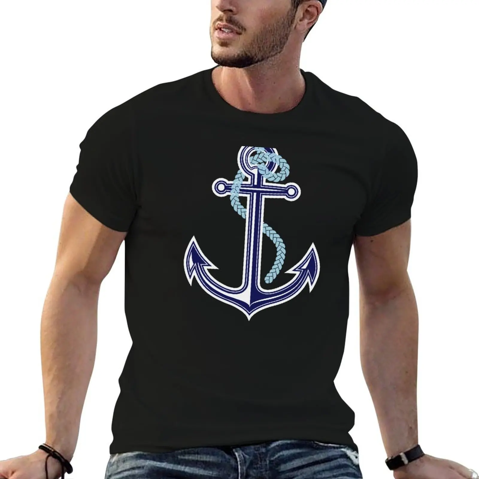 

White and blue anchor with rope T-Shirt t shirts for man pack cotton man t shirt cotton T-Shirt