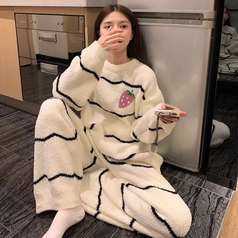 

Пижамы с полуворсом для девочек, осенне-зимние пижамы для отдыха в полоску, милые, удобные, сохраняющие тепло, домашняя одежда, костюм с допамином, новый стиль, оптовая продажа
