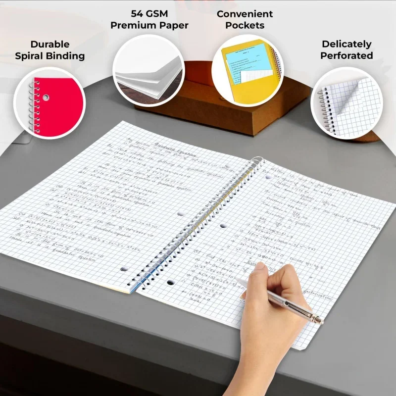 6, 3 Subject Notebooks Graph Ruled, 300 Pages (150 Sheets), 8 x 10-1/2, Grid Notebook Bulk, Quad Note